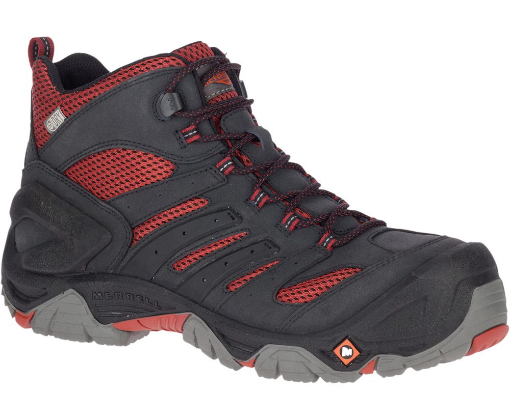 Merrell Work Boots Black/Red - Strongfield Mid Waterproof Comp Toe Wide Width - Mens 47ZDRYJHK